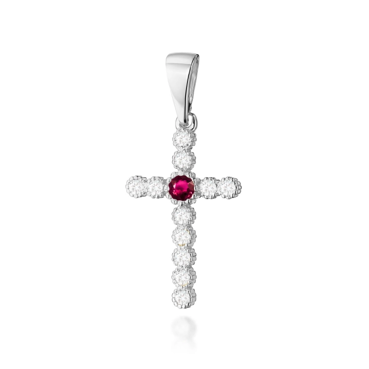 Zawieszka z białego złota krzyż z rubinem i diamentami 0,22ct The Diamonds