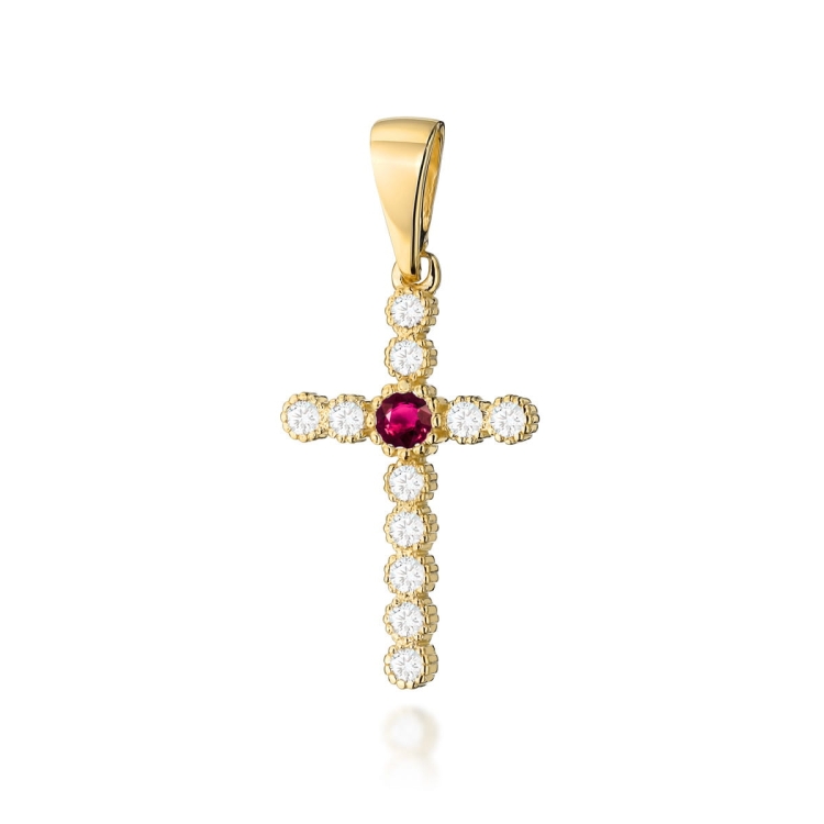 Zawieszka z żółtego złota krzyż z rubinem i diamentami 0,22ct The Diamonds
