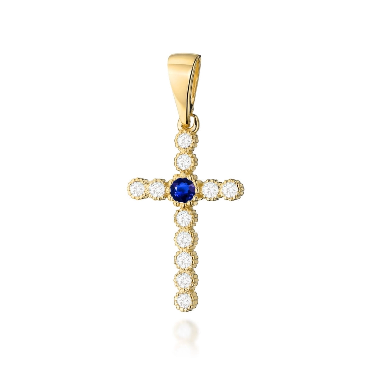Zawieszka z żółtego złota krzyż z szafirem i diamentami 0,22ct The Diamonds