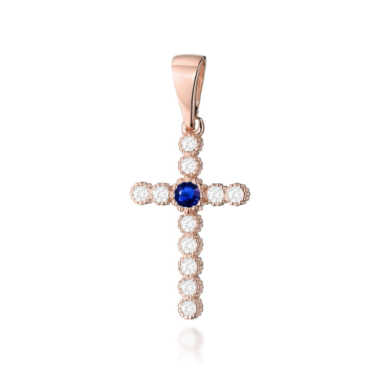 Zawieszka z różowego złota krzyż z szafirem i diamentami 0,22ct The Diamonds