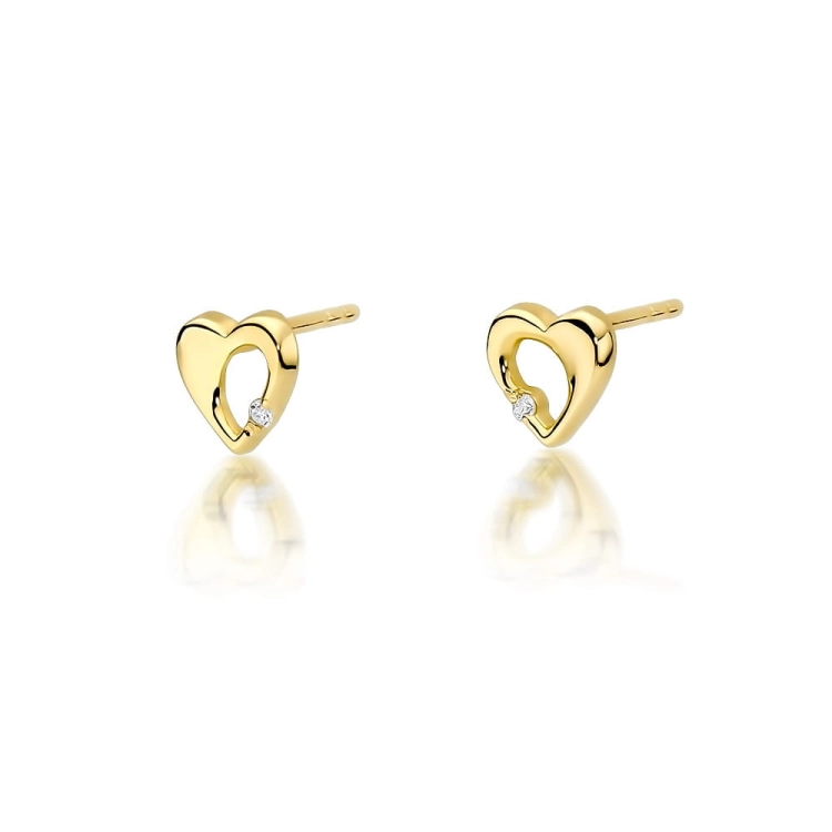 Kolczyki z żółego złota 585 z diamentami 0,02ct serce The Diamonds