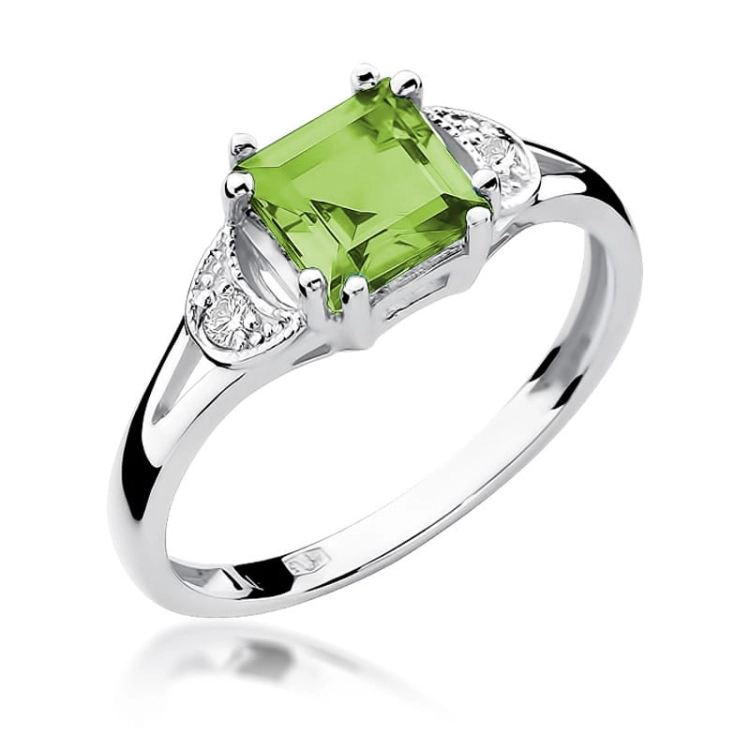 Pierścionek zaręczynowy z białego złota z oliwinem i diamentami 0,06ct Fire Of Love