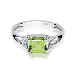 Pierścionek zaręczynowy z białego złota z oliwinem i diamentami 0,06ct Fire Of Love