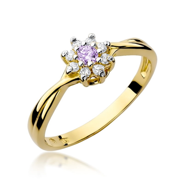 Pierścionek zaręczynowy z żółtego złota z ametystem i diamentami 0,12ct Fire Of Love
