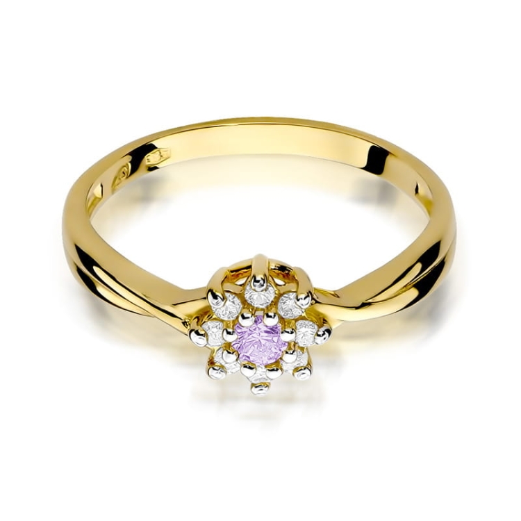 Pierścionek zaręczynowy z żółtego złota z ametystem i diamentami 0,12ct Fire Of Love