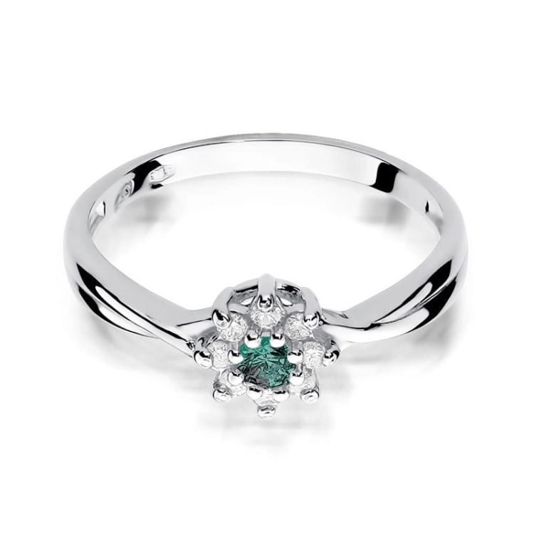 Pierścionek zaręczynowy z białego złota z szmaragdem i diamentami 0,12ct Fire Of Love