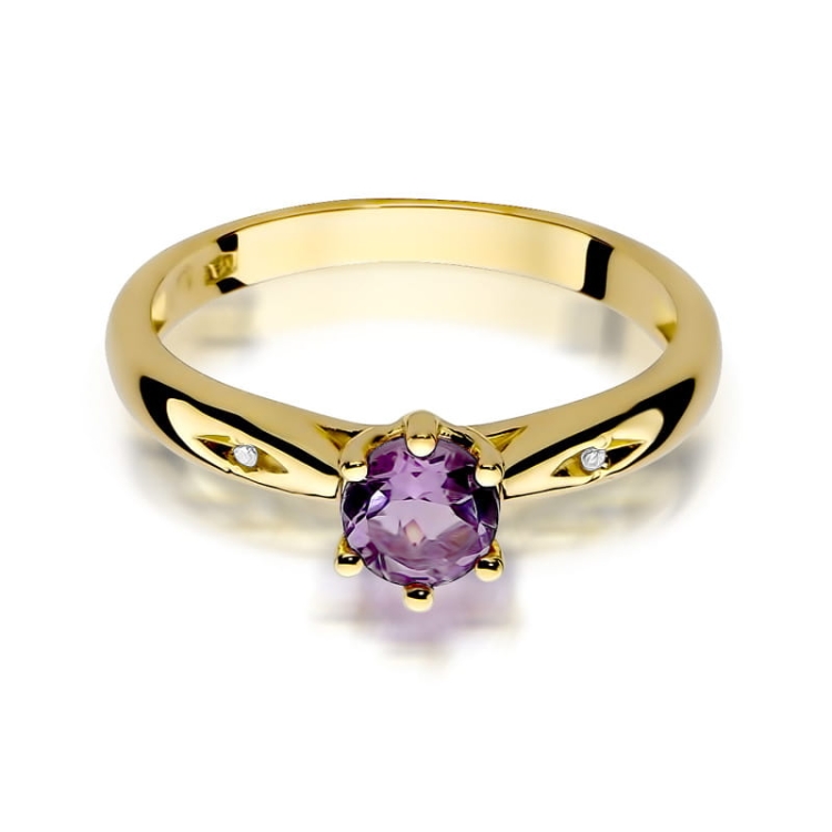Pierścionek zaręczynowy z żółtego złota z ametystem i diamentami 0,01ct Fire Of Love