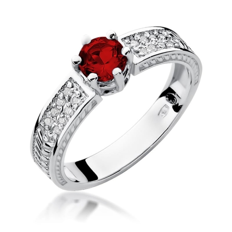 Przejdź do produktu Pierścionek zaręczynowy z białego złota z rubinem i diamentami 0,08ct Fire Of Love 