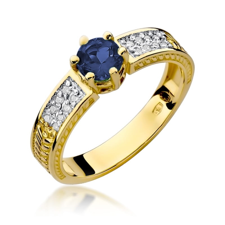 Pierścionek zaręczynowy z żółtego złota z szafirem i diamentami 0,08ct Fire Of Love