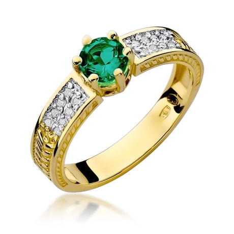 Przejdź do produktu Pierścionek zaręczynowy z żółtego złota z szmaragdem i diamentami 0,08ct Fire Of Love