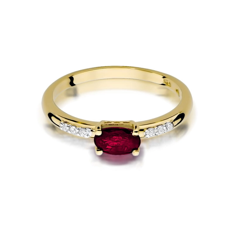 Pierścionek zaręczynowy z żółtego złota z rubinem i diamentami 0,03ct Fire Of Love