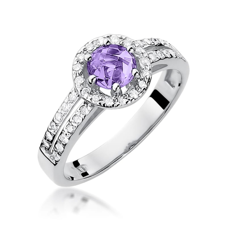 Pierścionek zaręczynowy z białego złota z ametystem i diamentami 0,20ct Fire Of Love