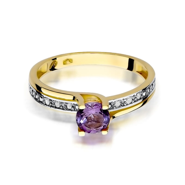 Pierścionek zaręczynowy z żółtego złota z ametystem i diamentami 0,03ct Fire Of Love