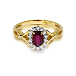 Pierścionek zaręczynowy z żółtego złota z rubinem i diamentami 0,12ct Fire Of Love