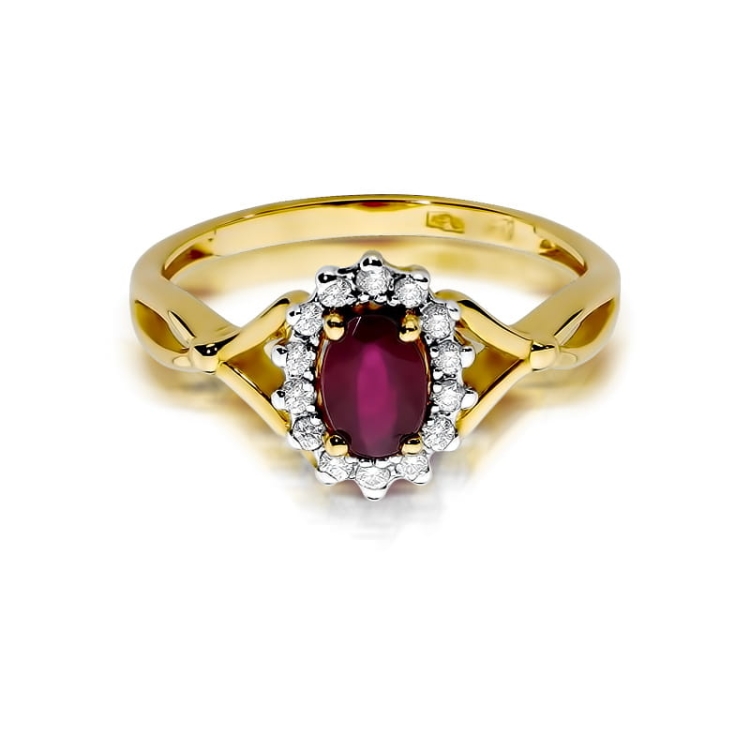Pierścionek zaręczynowy z żółtego złota z rubinem i diamentami 0,12ct Fire Of Love