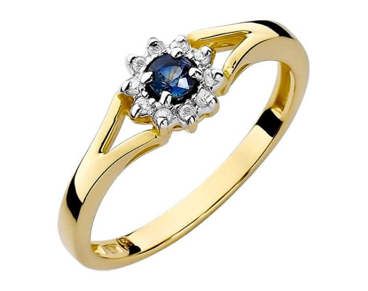 Pierścionek zaręczynowy z żółtego złota z szafirem i diamentami 0,09ct Fire Of Love