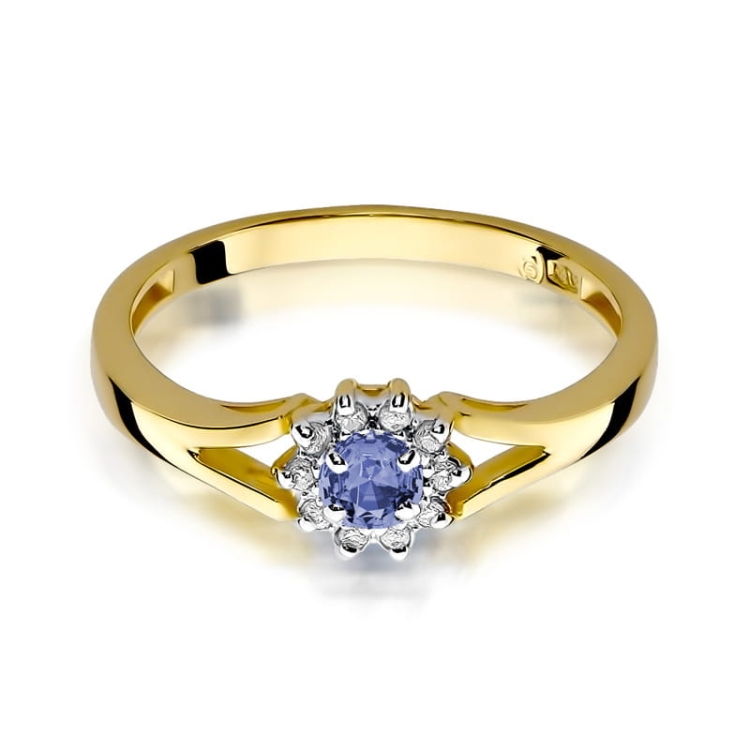 Pierścionek zaręczynowy z żółtego złota z tanzanitem i diamentami 0,09ct Fire Of Love