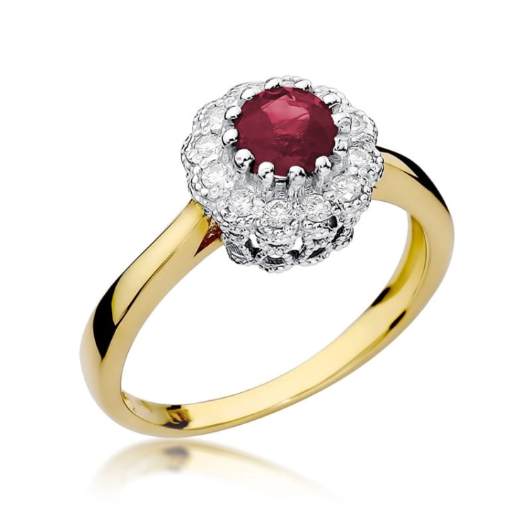 Pierścionek zaręczynowy z żółtego złota z rubinem i diamentami 0,17ct Fire Of Love
