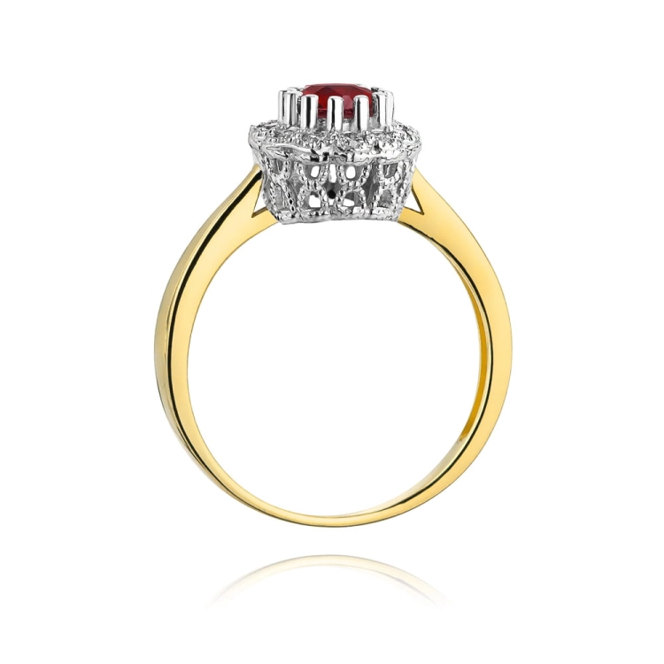 Pierścionek zaręczynowy z żółtego złota z rubinem i diamentami 0,17ct Fire Of Love
