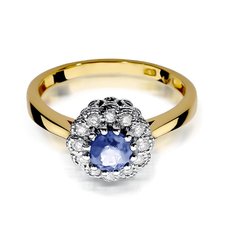 Pierścionek zaręczynowy z żółtego złota z tanzanitem i diamentami 0,17ct Fire Of Love