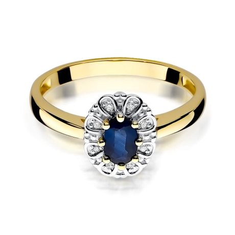 Przejdź do produktu Pierścionek zaręczynowy z żółtego złota z szafirem i diamentami 0,07ct Fire Of Love