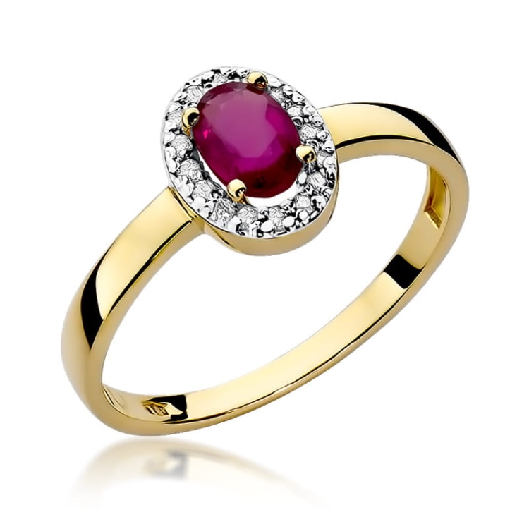 Pierścionek zaręczynowy z żółtego złota z rubinem i diamentami 0,08ct Fire Of Love