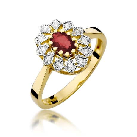 Przejdź do produktu Pierścionek zaręczynowy z żółtego złota z rubinem i diamentami 0,10ct Fire Of Love