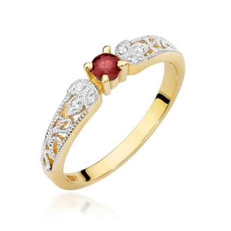 Przejdź do produktu Pierścionek zaręczynowy z żółtego złota z rubinem i diamentami 0,03ct Fire Of Love