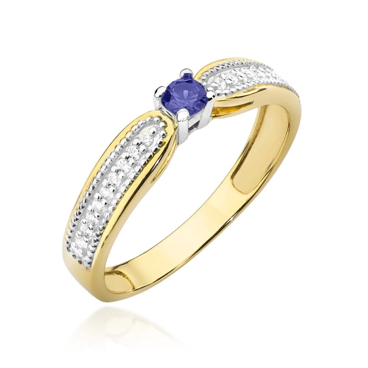 Pierścionek zaręczynowy z żółtego złota z tanzanitem i diamentami 0,09ct Fire Of Love