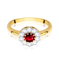 Pierścionek zaręczynowy z żółtego złota z rubinem i diamentami 0,30ct Fire Of Love