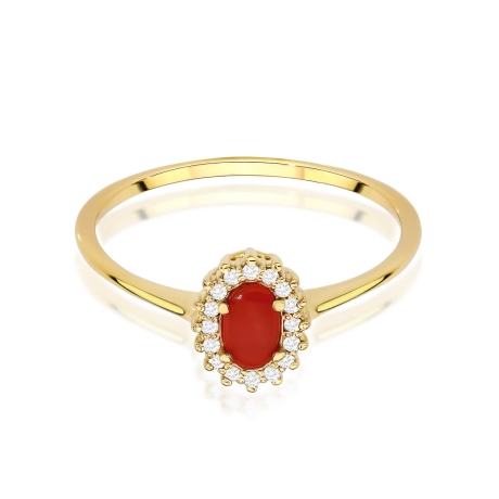 Przejdź do produktu Pierścionek zaręczynowy z żółtego złota z koralem i diamentami 0,08ct Fire Of Love 