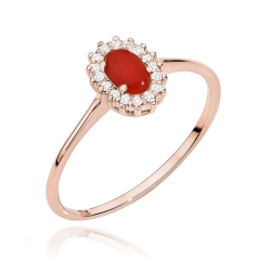 Pierścionek zaręczynowy z różowego złota z koralem i diamentami 0,08ct Fire Of Love