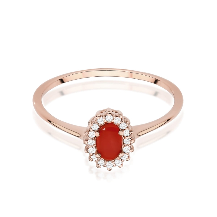 Pierścionek zaręczynowy z różowego złota z koralem i diamentami 0,08ct Fire Of Love