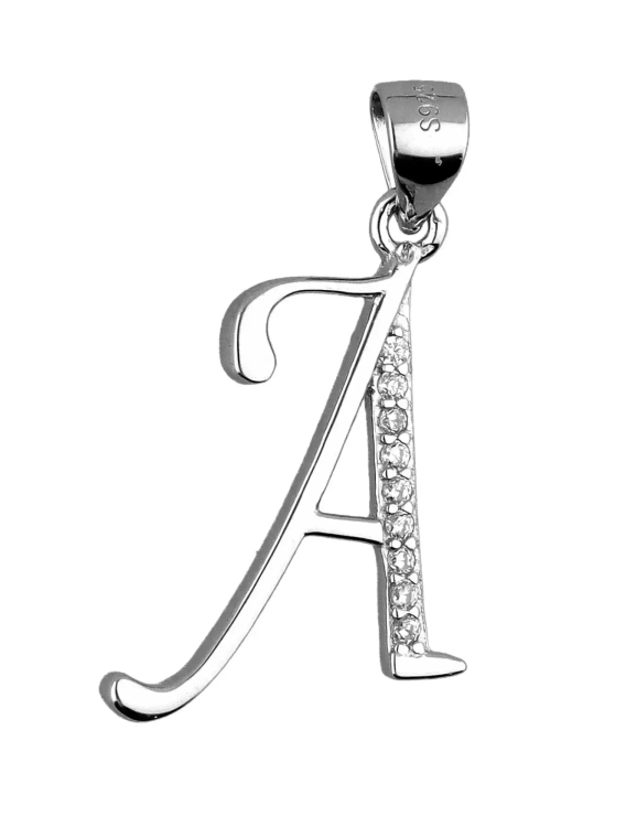Srebrna zawieszka literka A z cyrkoniami
