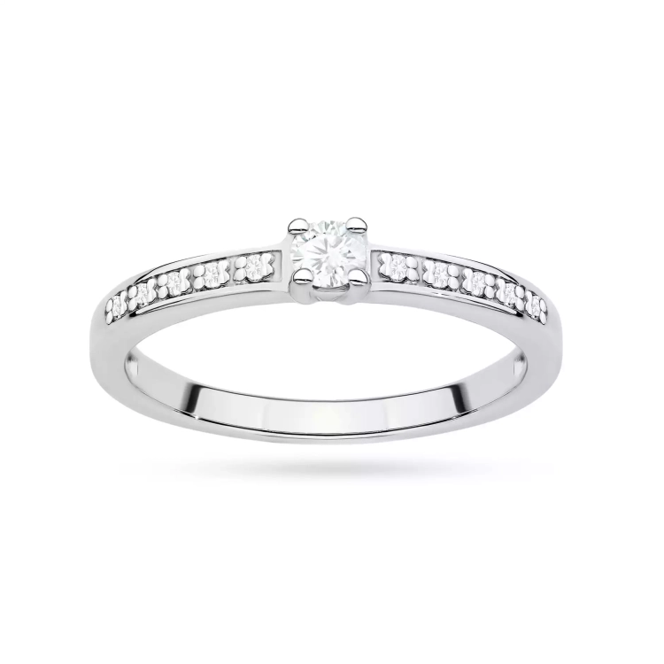 Pierścionek z białego złota, diament laboratoryjny centralny 0,08ct