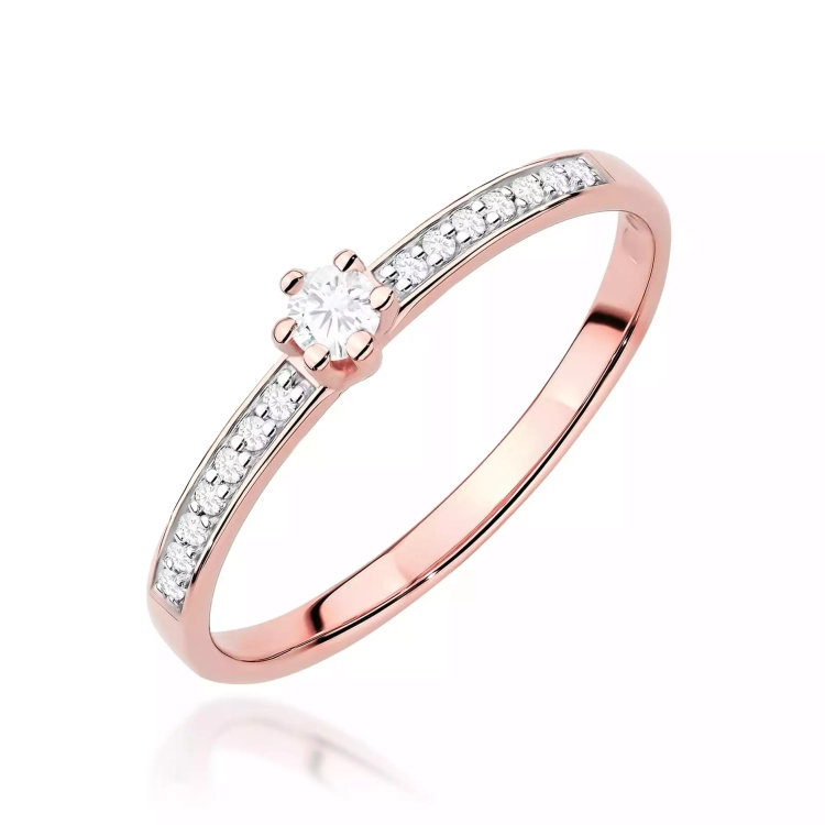 Pierścionek z różowego złota, diament laboratoryjny centralny 0,10ct