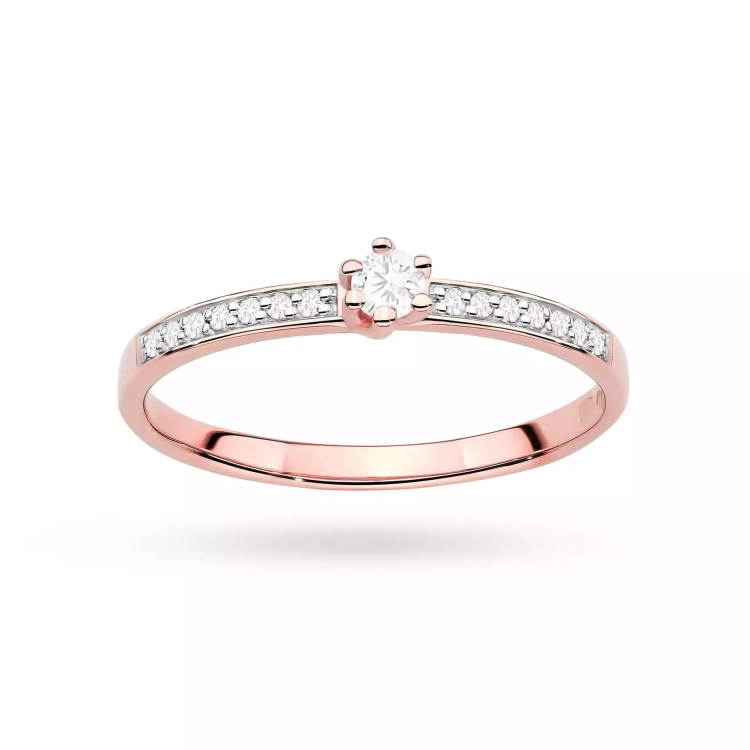 Pierścionek z różowego złota, diament laboratoryjny centralny 0,10ct