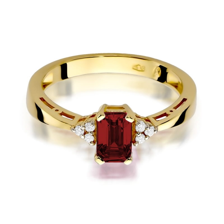 Pierścionek zaręczynowy z żółtego złota z granatem i diamentami 0,03ct Fire Of Love