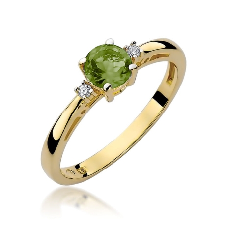 Przejdź do produktu Pierścionek zaręczynowy z żółtego złota z oliwinem i diamentami 0,03ct Fire Of Love