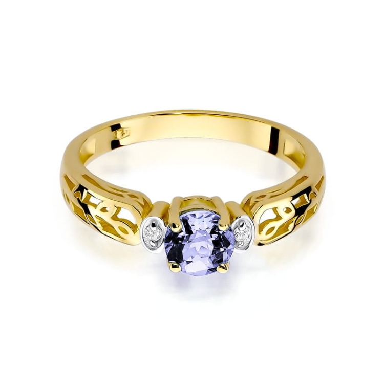 Pierścionek zaręczynowy z żółtego złota z tanzanitem i diamentami 0,02ct Fire Of Love BW-14-ametyst