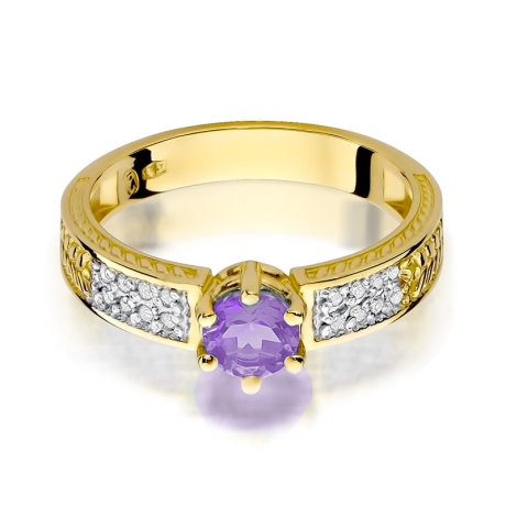Przejdź do produktu Pierścionek zaręczynowy z żółtego złota z ametystem i diamentami 0,08ct Fire Of Love 