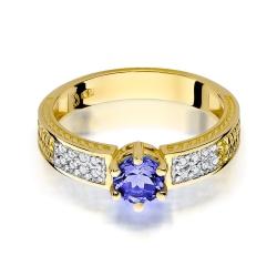 Pierścionek zaręczynowy z żółtego złota z tanzanitem i diamentami 0,08ct Fire Of Love  BW-75-tanzanit