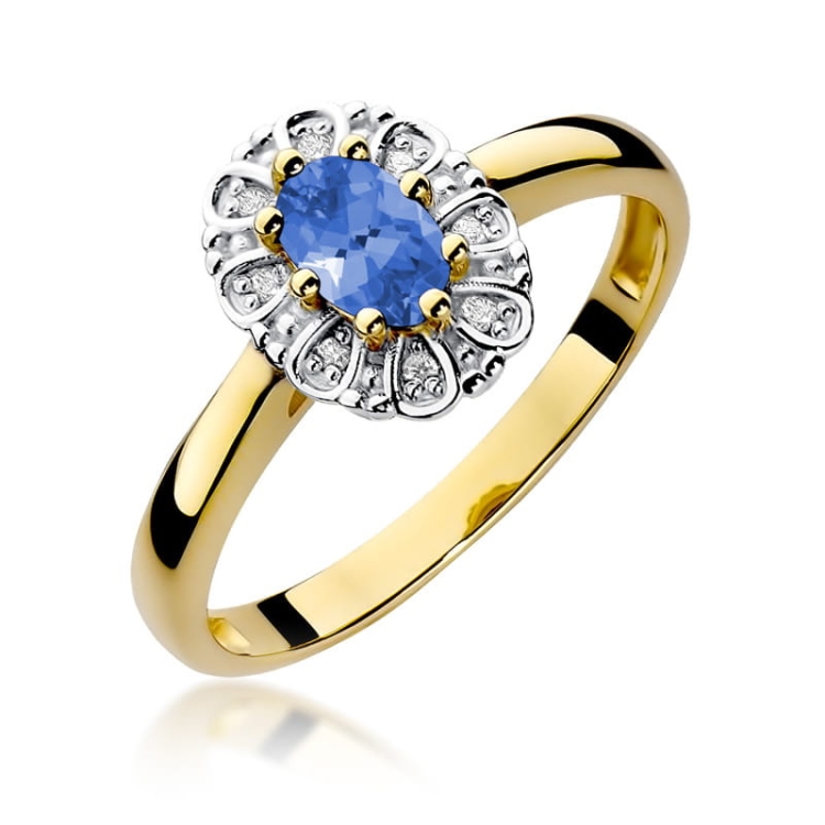 Pierścionek zaręczynowy z żółtego złota z tanzanitem i diamentami 0,07ct Fire Of Love BW-304-tanzanit