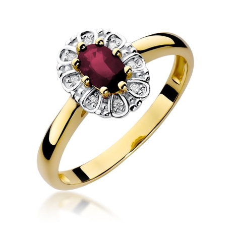 Przejdź do produktu Pierścionek zaręczynowy z żółtego złota z rubinem i diamentami 0,07ct Fire Of Love