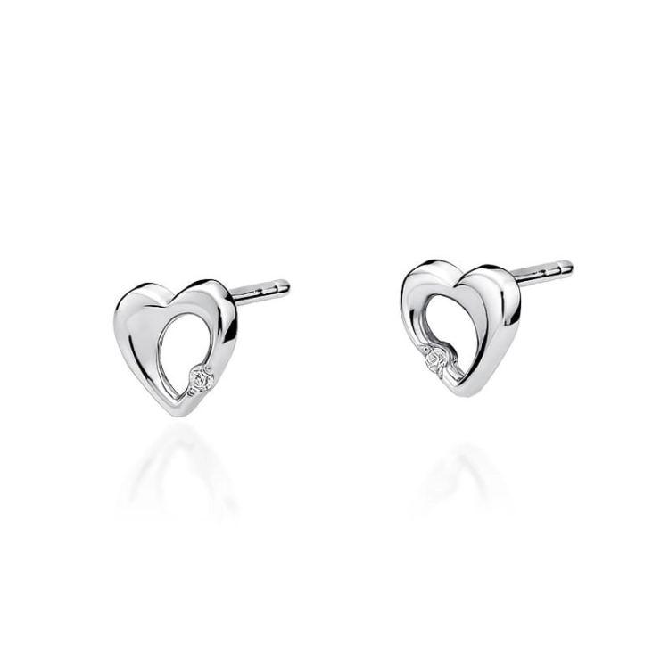 Kolczyki z białego złota 585 z diamentami 0,02ct serce The Diamonds