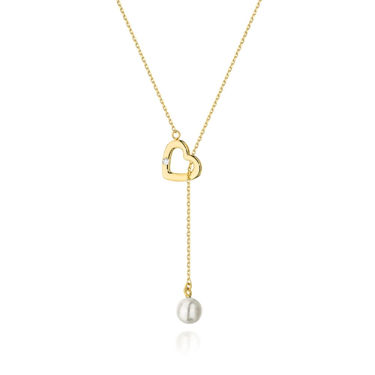 Naszyjnik krawatka z żółtego złota z diamentem 0,01ct i perłą serce The Diamonds BC-52