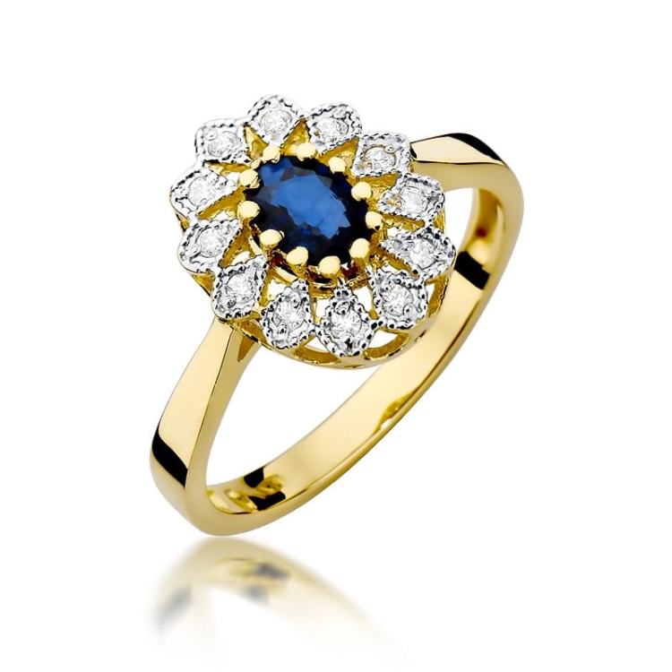 Pierścionek zaręczynowy z żółtego złota z szafirem i diamentami 0,10ct Fire Of Love BW-354-szafir