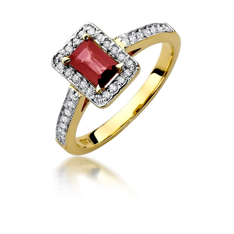 Pierścionek zaręczynowy z żółtego złota z rubinem i diamentami 0,22ct Fire Of Love BW-422-rubin