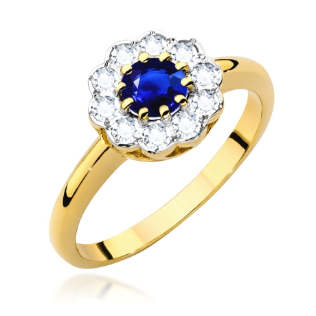 Przejdź do produktu Pierścionek zaręczynowy z żółtego złota z szafirem i diamentami 0,30ct Fire Of Love 